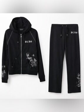 BCBG Max Azria Womens Black Rhinestone Graphic Tracksuit Hoodie Pants Set Size L